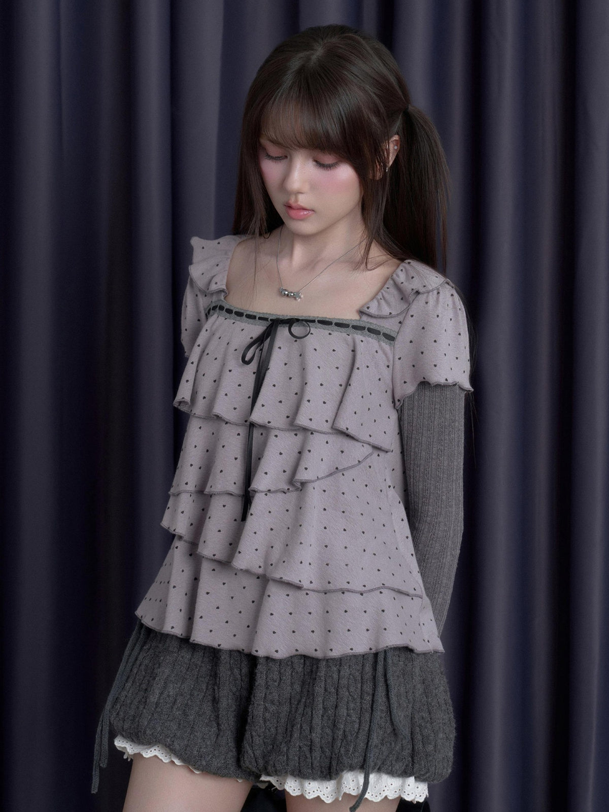 SagiDolls Layered Puff Sleeve Heart Print Faux Two Piece Square Neck Women's Cotton Long Sleeve T-shirts