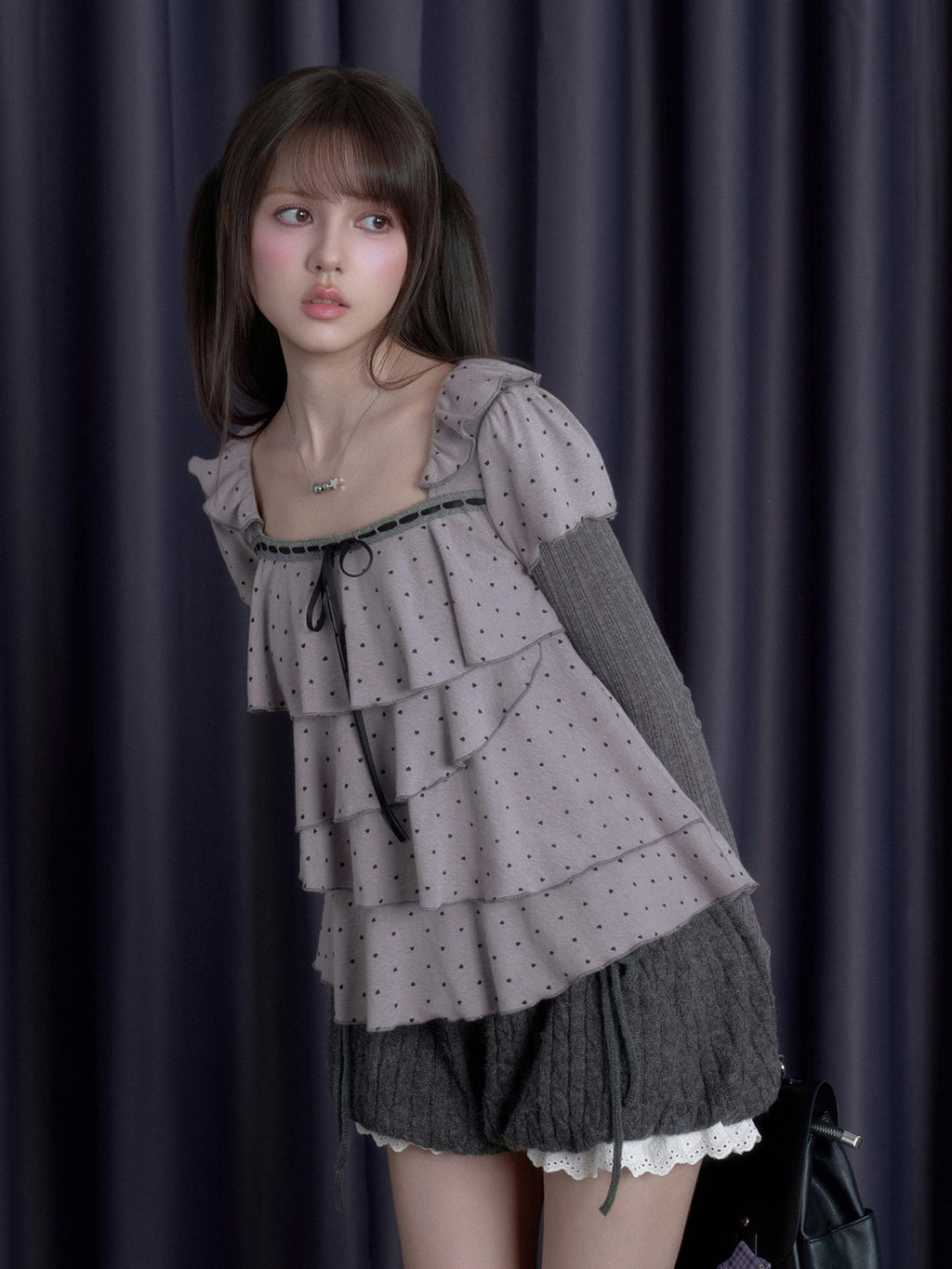 SagiDolls Layered Puff Sleeve Heart Print Faux Two Piece Square Neck Women's Cotton Long Sleeve T-shirts