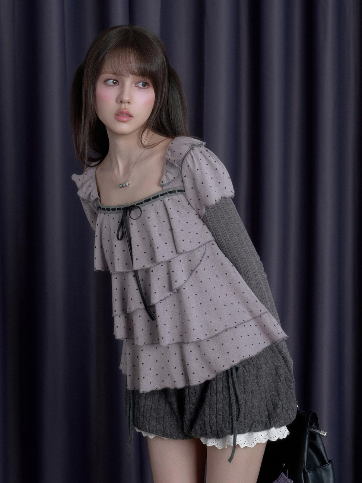 SagiDolls Layered Puff Sleeve Heart Print Faux Two Piece Square Neck Women's Cotton Long Sleeve T-shirts