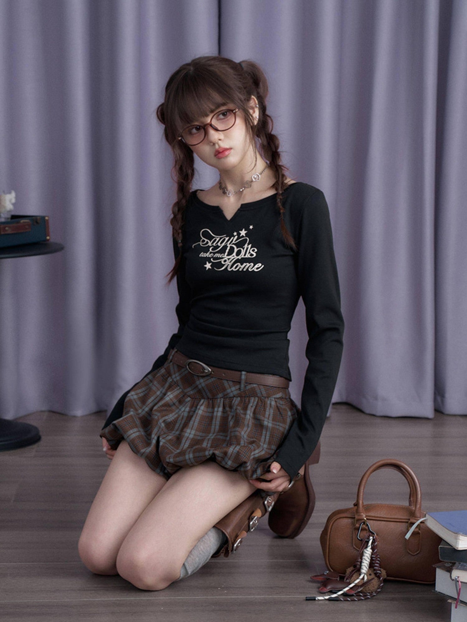 SagiDolls Leg Lengthening Brown Plaid Tulip Lantern Women's Polyester Blend Harem Pants