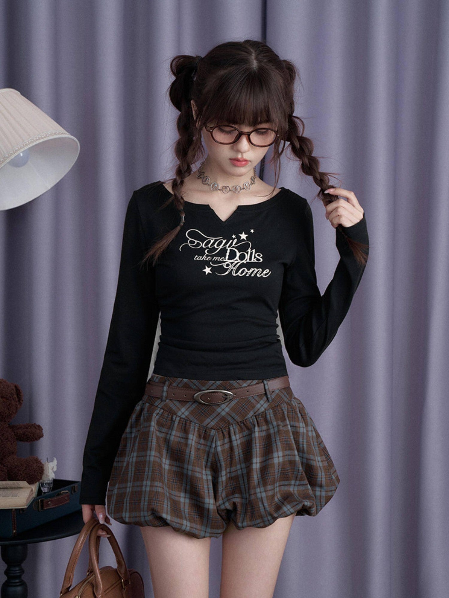 SagiDolls Leg Lengthening Brown Plaid Tulip Lantern Women's Polyester Blend Harem Pants