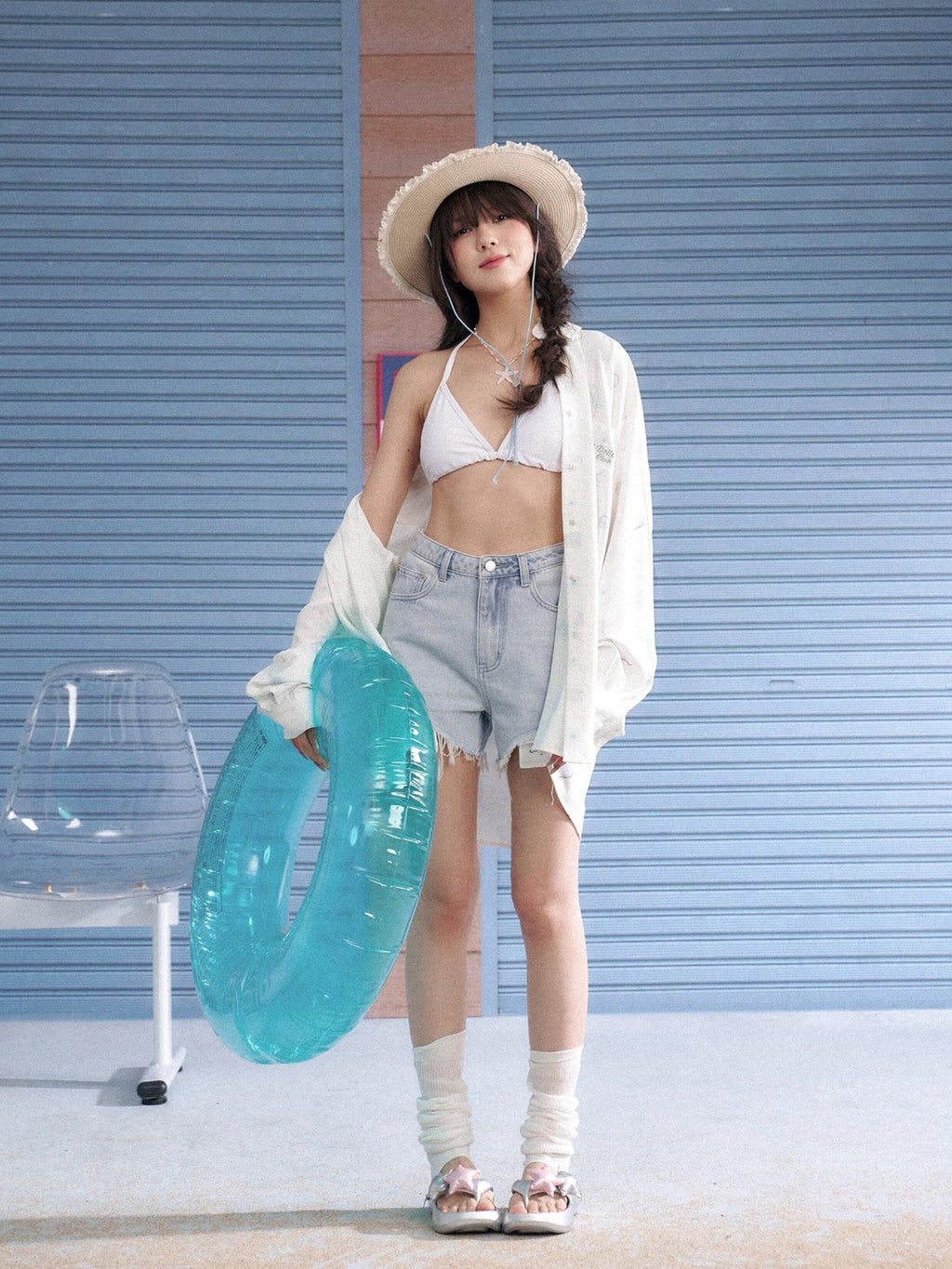 SagiDolls Light Blue Frayed Wing High Waist Women's Denim Denim Shorts