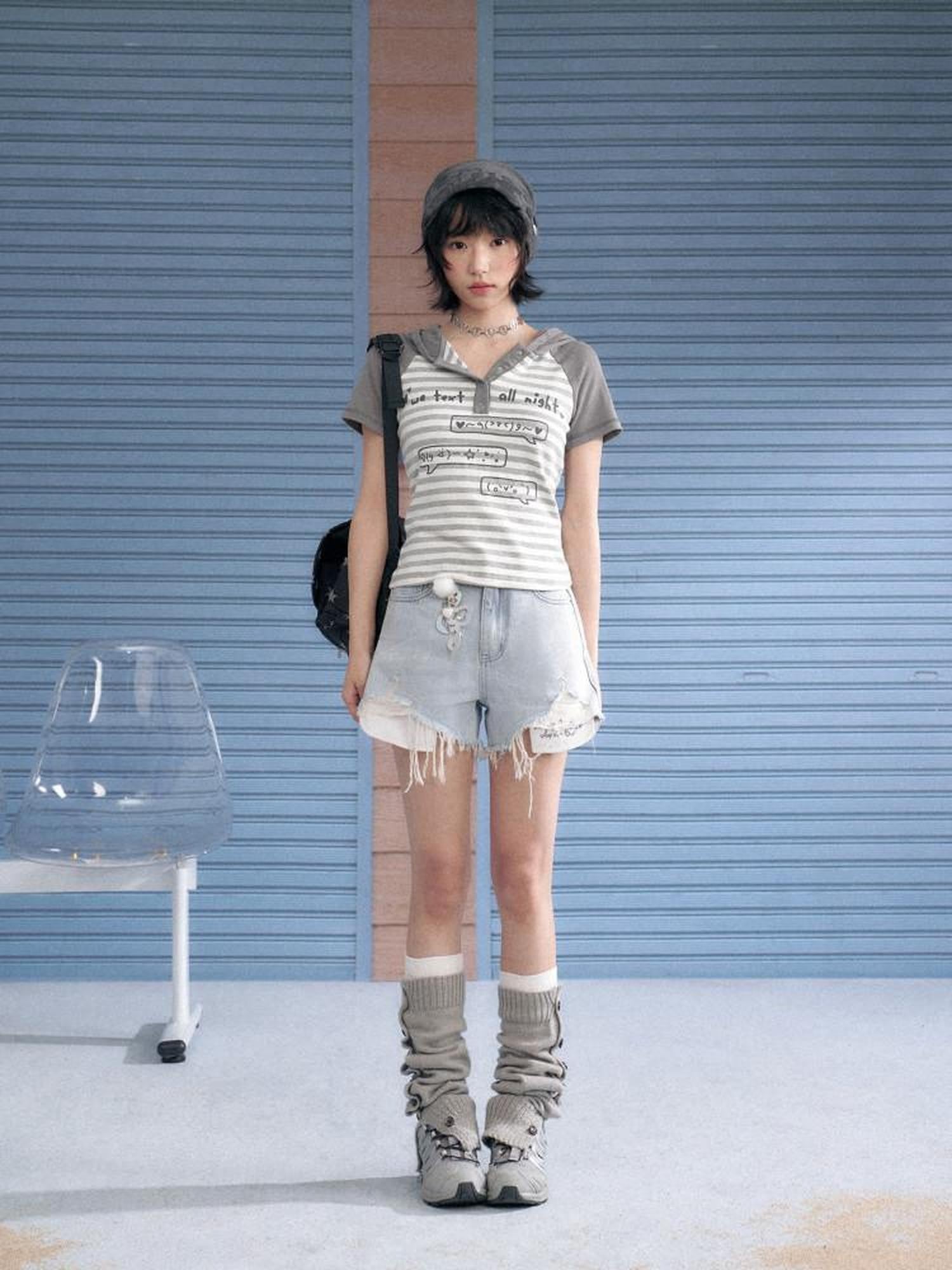 SagiDolls Light Blue Frayed Wing High Waist Women's Denim Denim Shorts