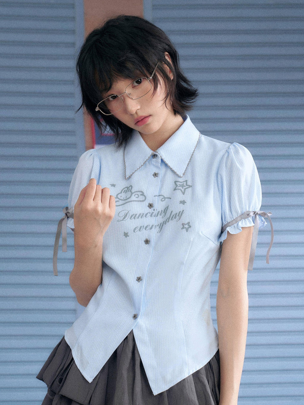 SagiDolls Light Blue Rabbit Print Point Collar Puff Sleeve Women's Short Sleeve T-shirts