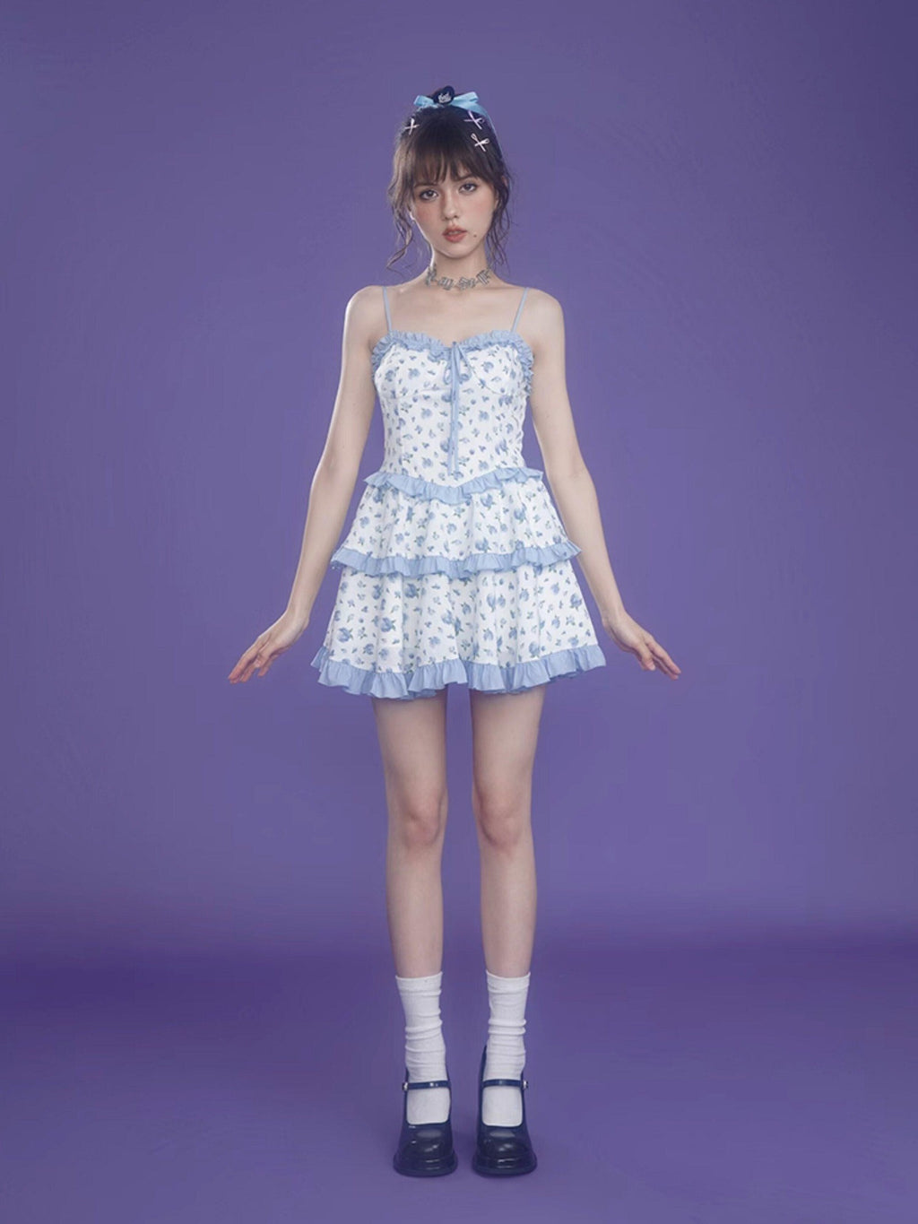 SagiDolls Light Blue Rose Floral Tie High Waist Aline Women's Polyester Slip Mini Dresses