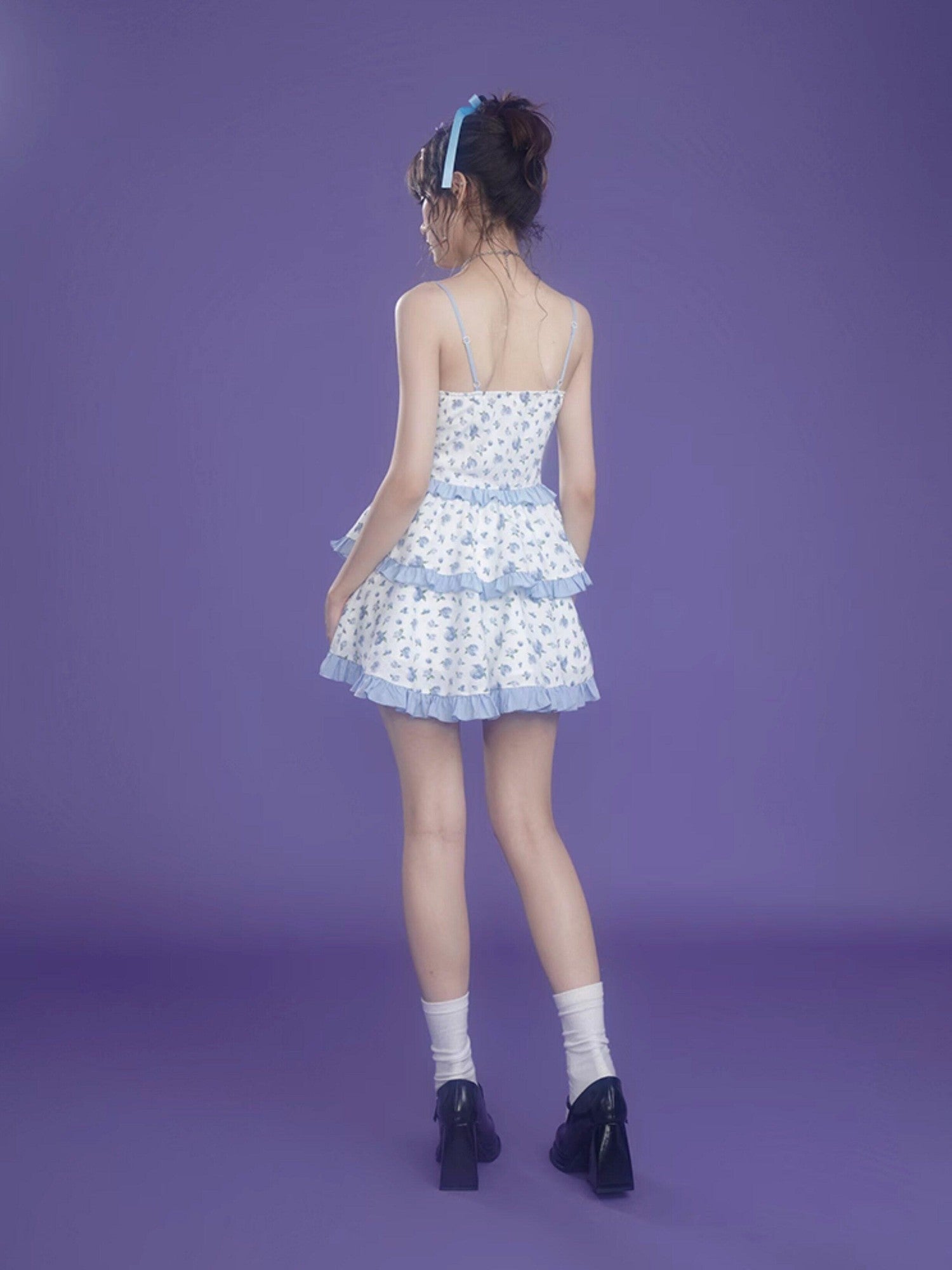 SagiDolls Light Blue Rose Floral Tie High Waist Aline Women's Polyester Slip Mini Dresses