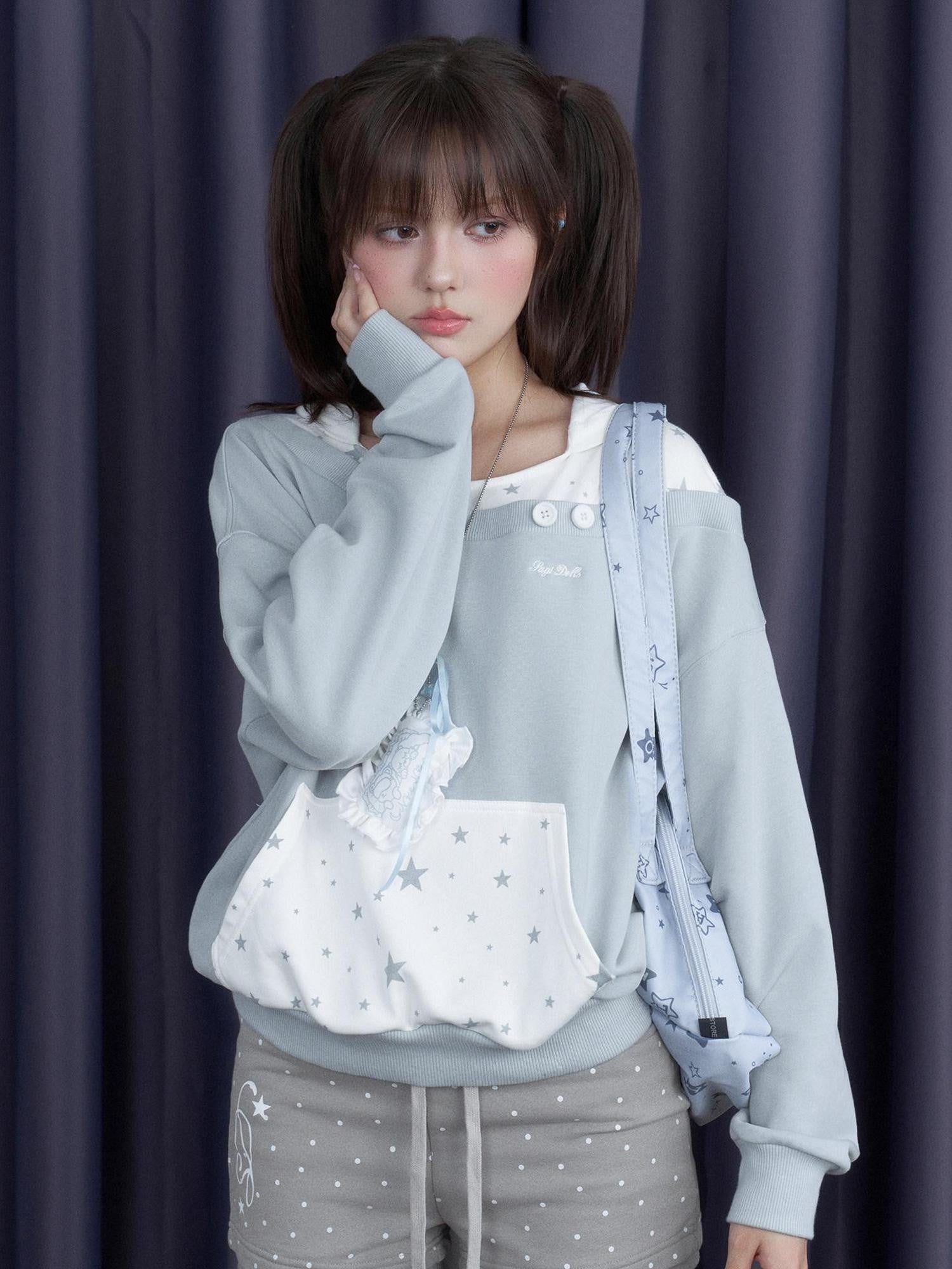 SagiDolls Light Blue Star Hooded Faux Layered Women's Cotton Blend Sweatshirts