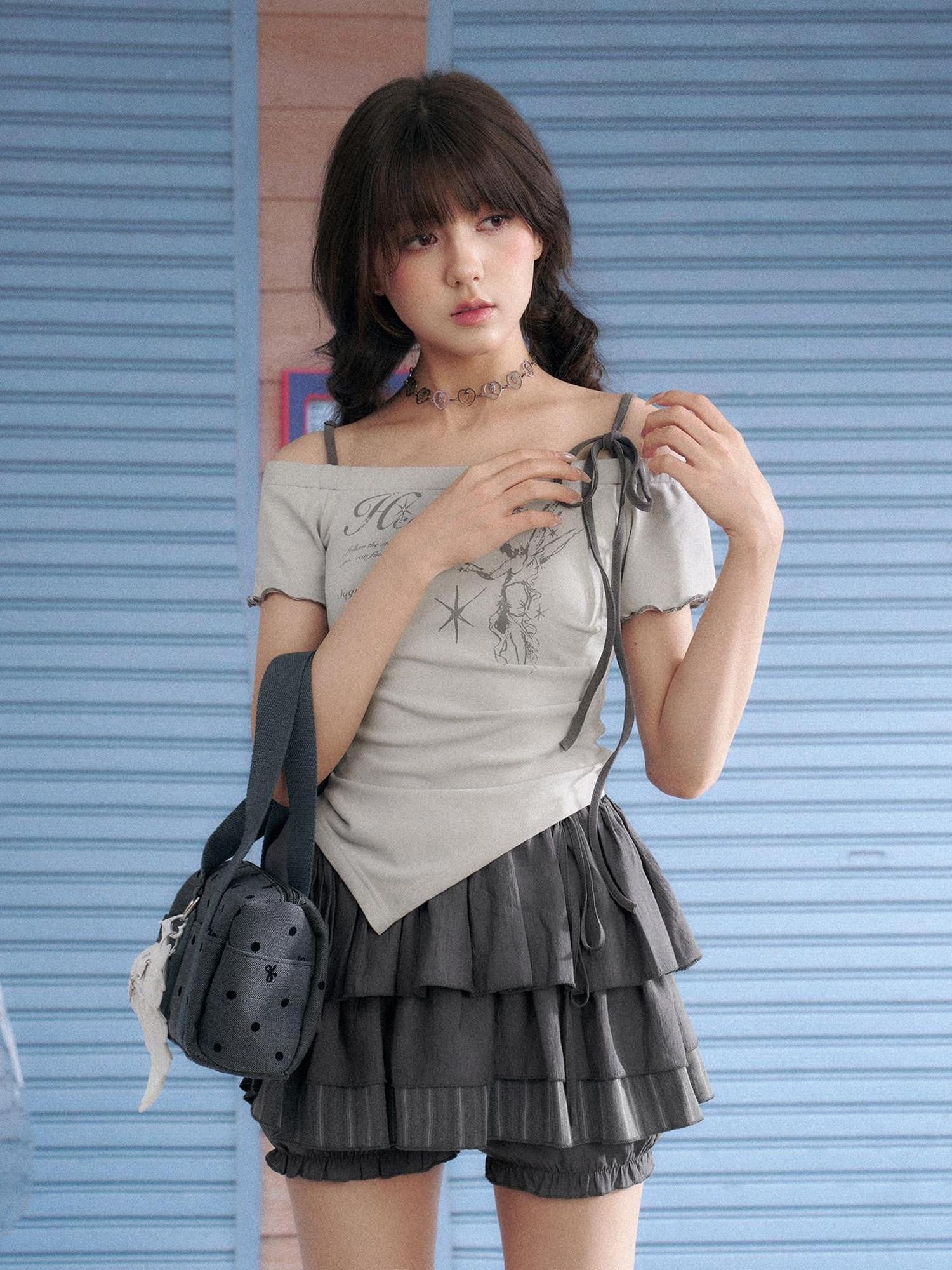 SagiDolls Light Gray Angel Print Off Shoulder Tie Women's Viscose Blend Camisoles