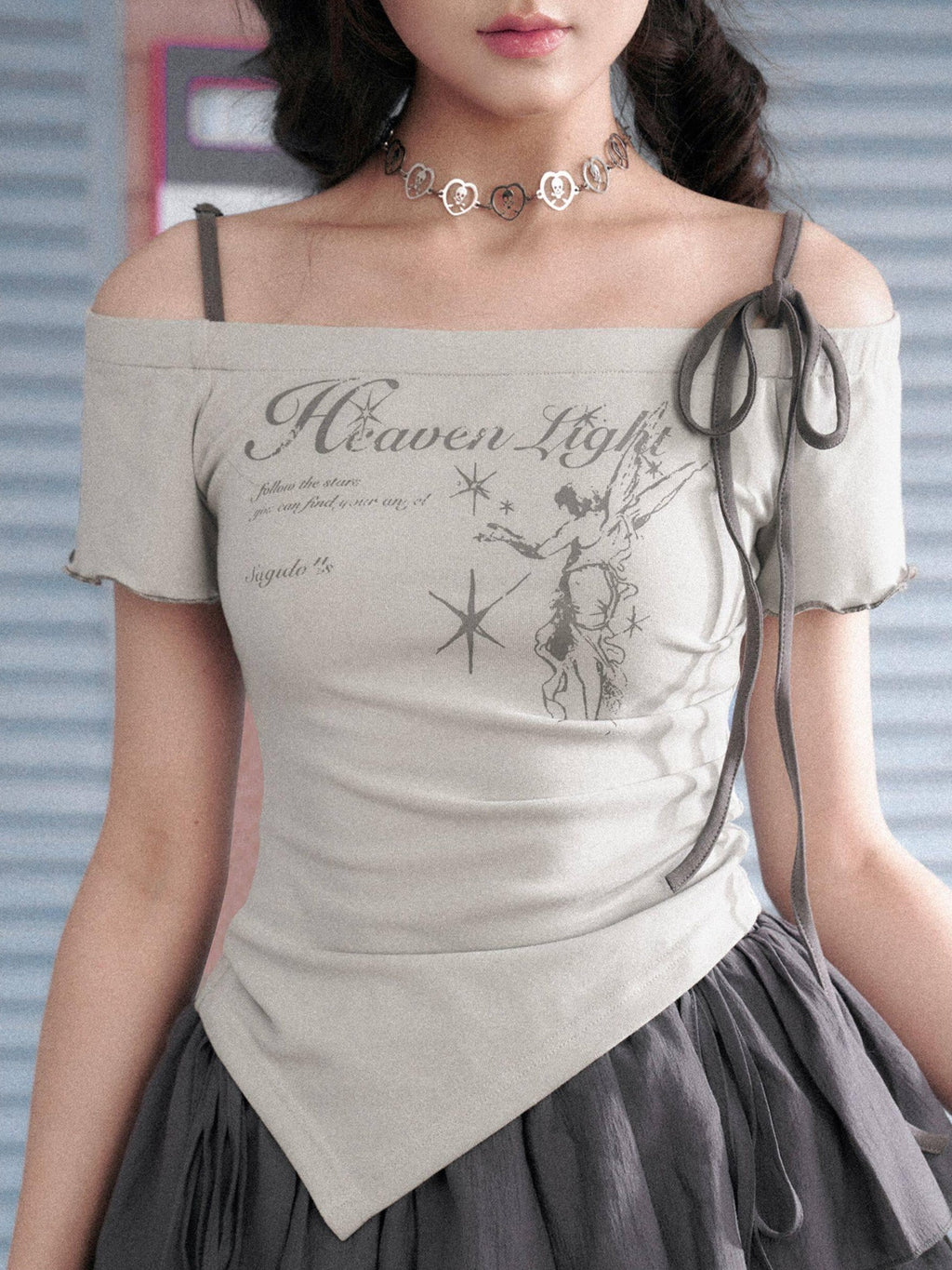 SagiDolls Light Gray Angel Print Off Shoulder Tie Women's Viscose Blend Camisoles