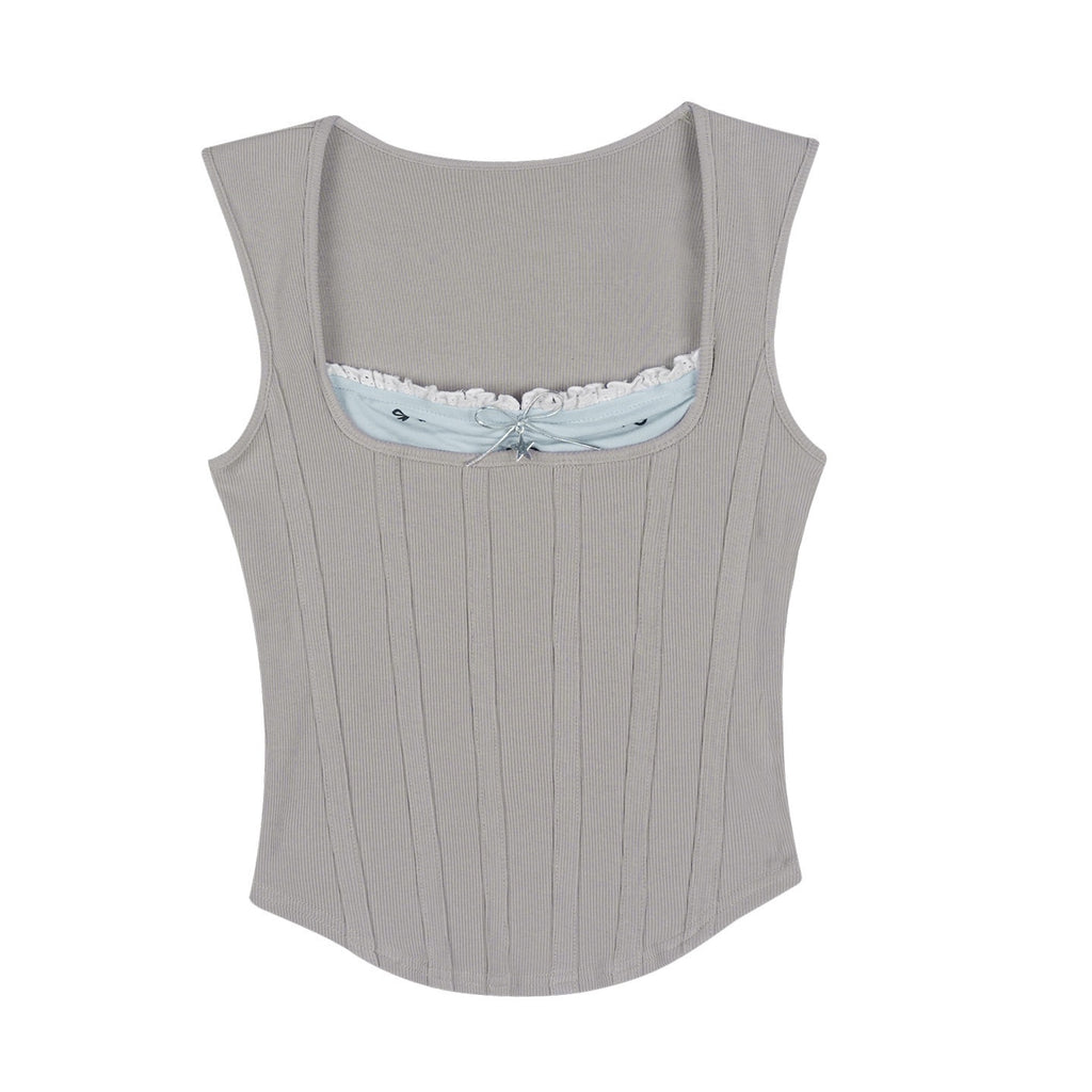 SagiDolls_Light_Gray_Square_Neck_Faux_Two_Piece_Bow_Slim_Women's_Cotton_Blend_Tank_Tops_929122093521_MISSTT