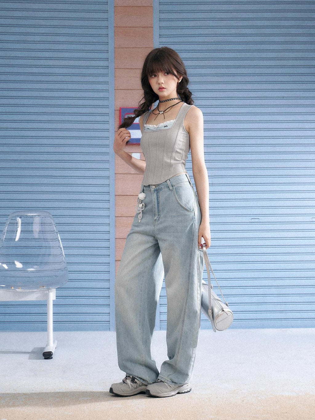SagiDolls Light Gray Square Neck Faux Two Piece Bow Slim Women's Cotton Blend Tank Tops