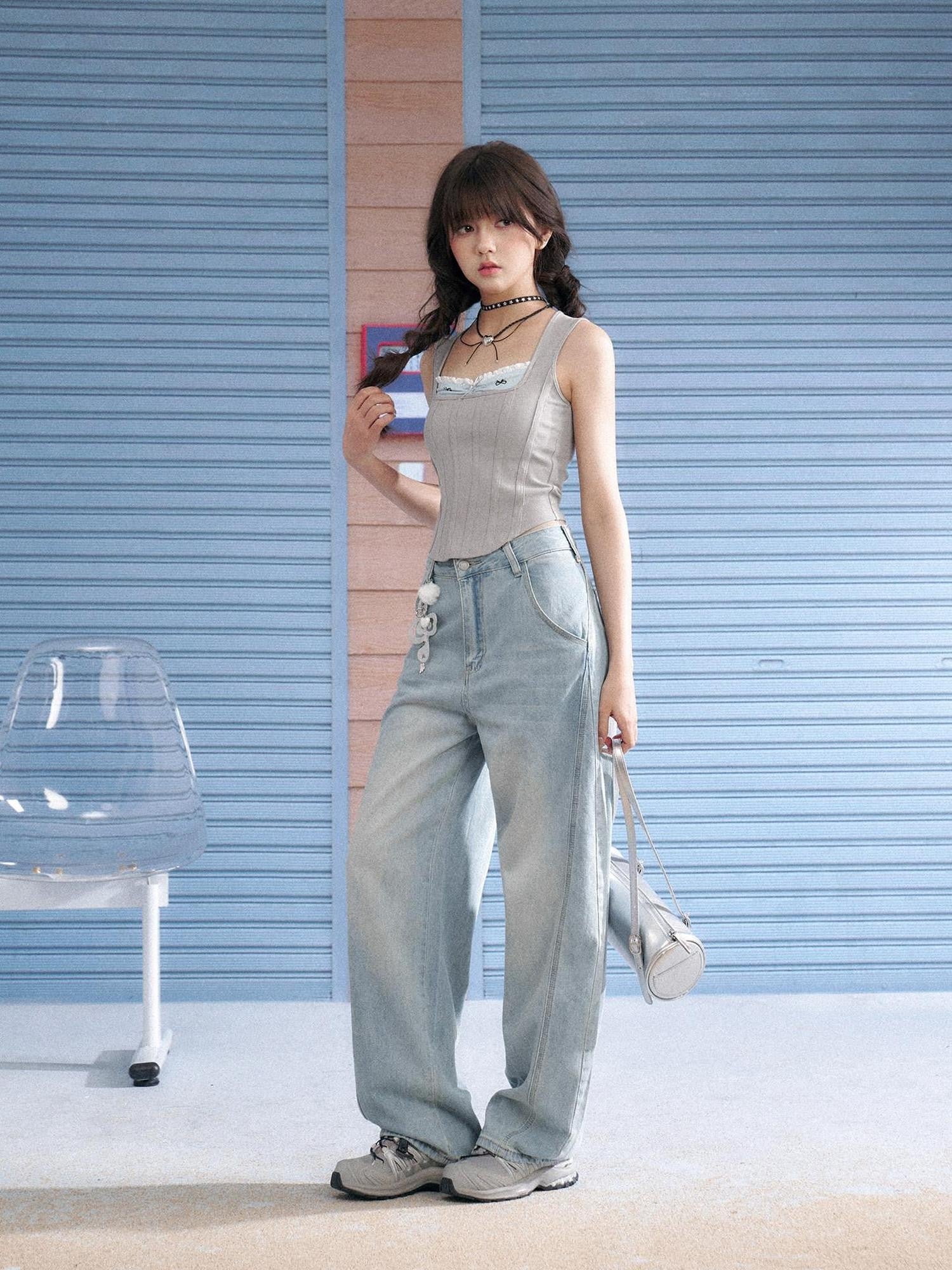 SagiDolls Light Gray Square Neck Faux Two Piece Bow Slim Women's Cotton Blend Tank Tops