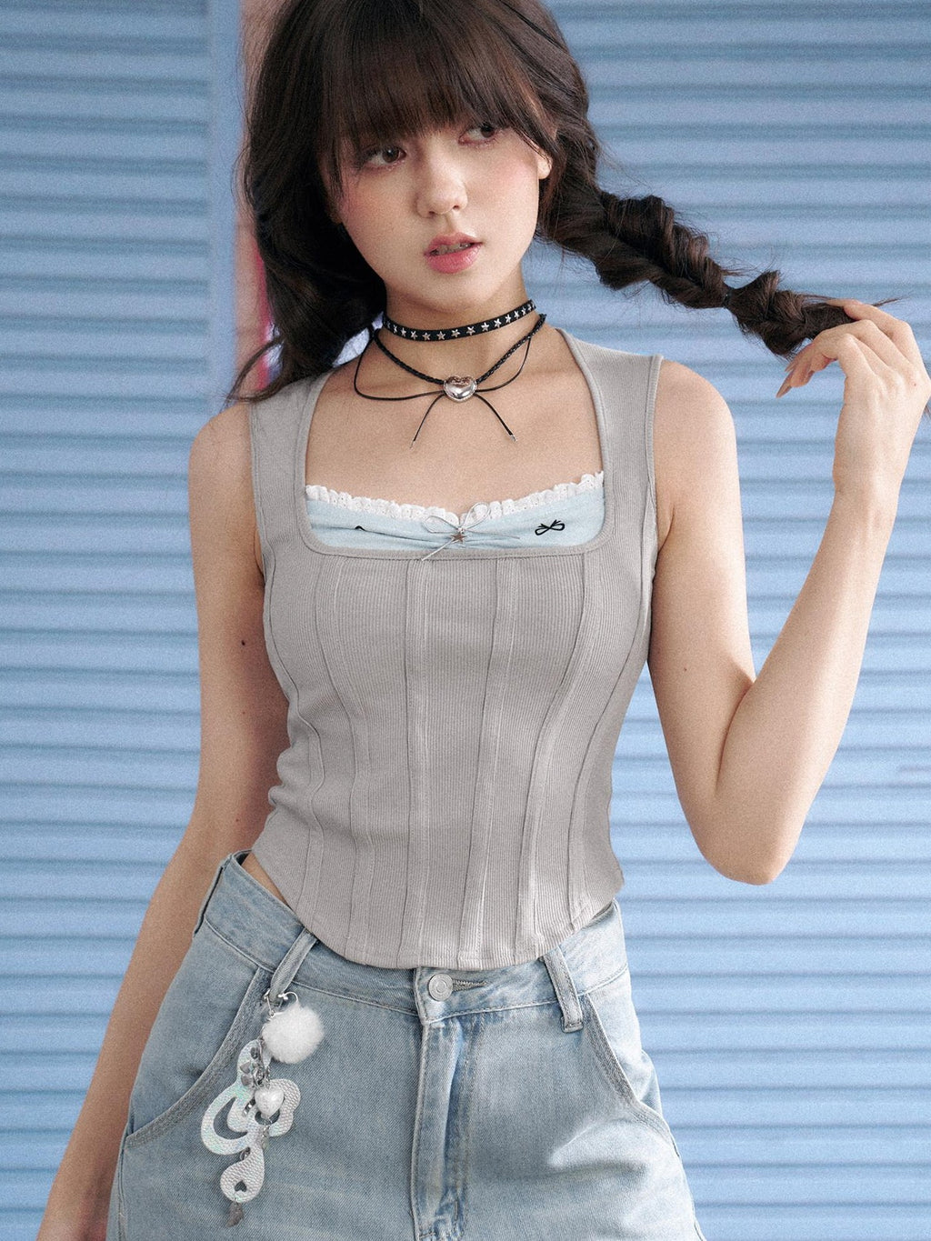 SagiDolls Light Gray Square Neck Faux Two Piece Bow Slim Women's Cotton Blend Tank Tops