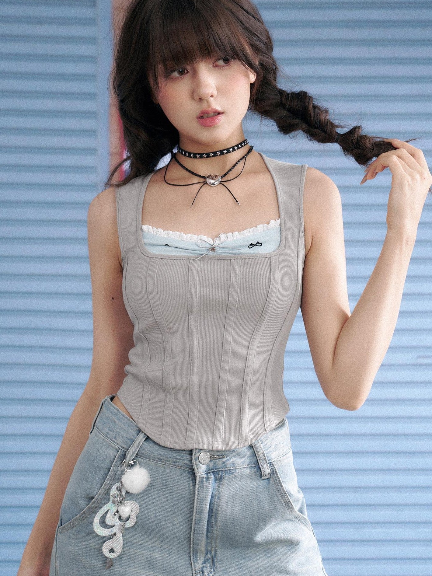 SagiDolls Light Gray Square Neck Faux Two Piece Bow Slim Women's Cotton Blend Tank Tops