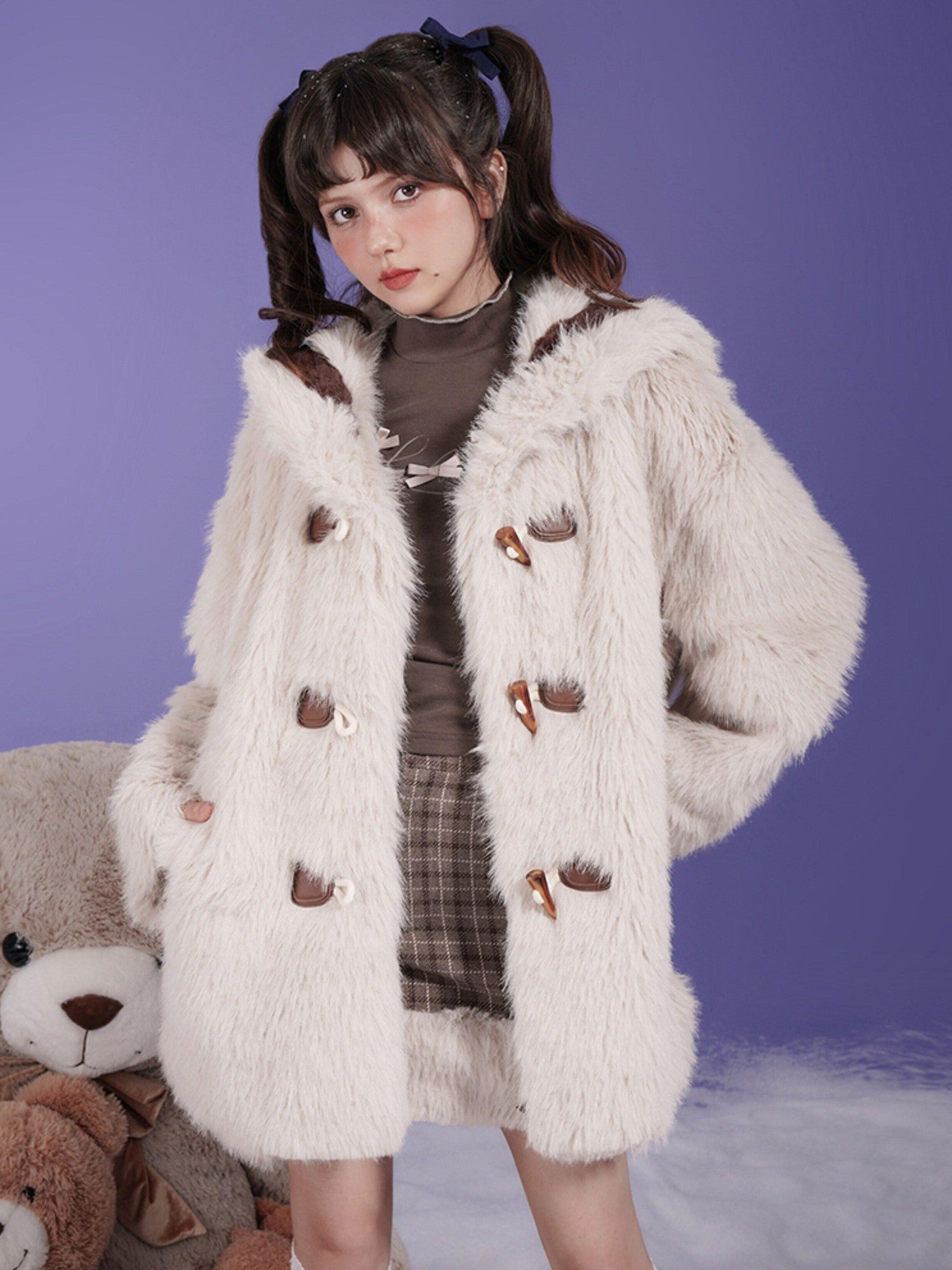 SagiDolls Light Khaki Sailor Collar Puff Sleeve 3 Button Women's Faux Fur Fleece Jackets