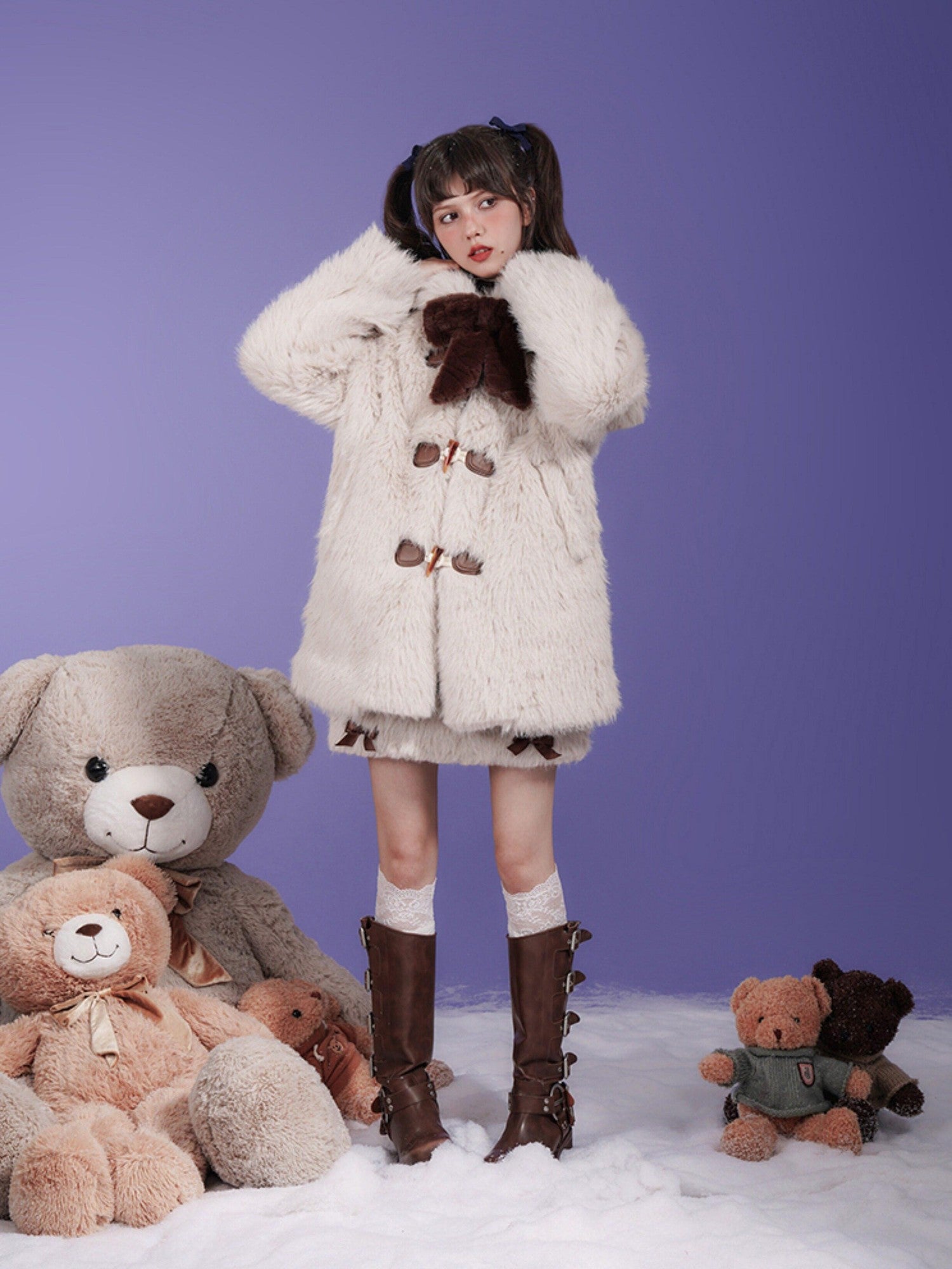 SagiDolls Light Khaki Sailor Collar Puff Sleeve 3 Button Women's Faux Fur Fleece Jackets