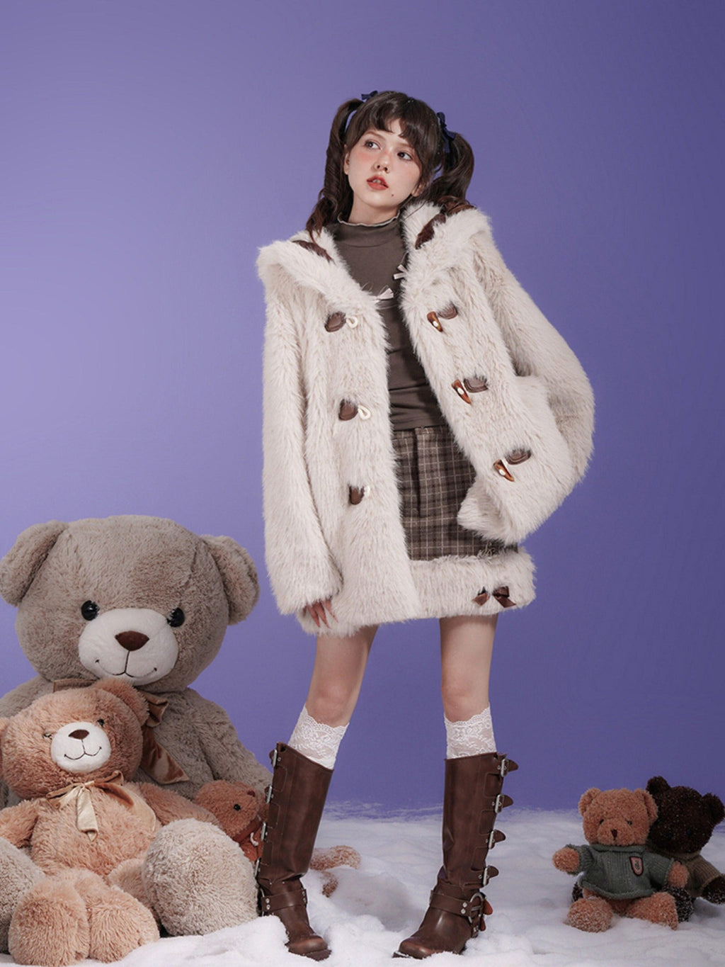 SagiDolls Light Khaki Sailor Collar Puff Sleeve 3 Button Women's Faux Fur Fleece Jackets