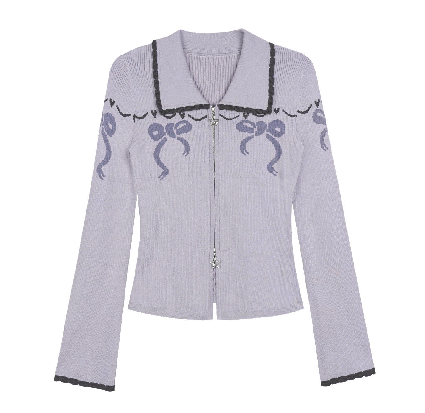 SagiDolls_Light_Purple_Bow_Jacquard_Bell_Sleeve_Lapel_Zipper_Women's_Viscose_Cardigans_1001013010857_MISSTT