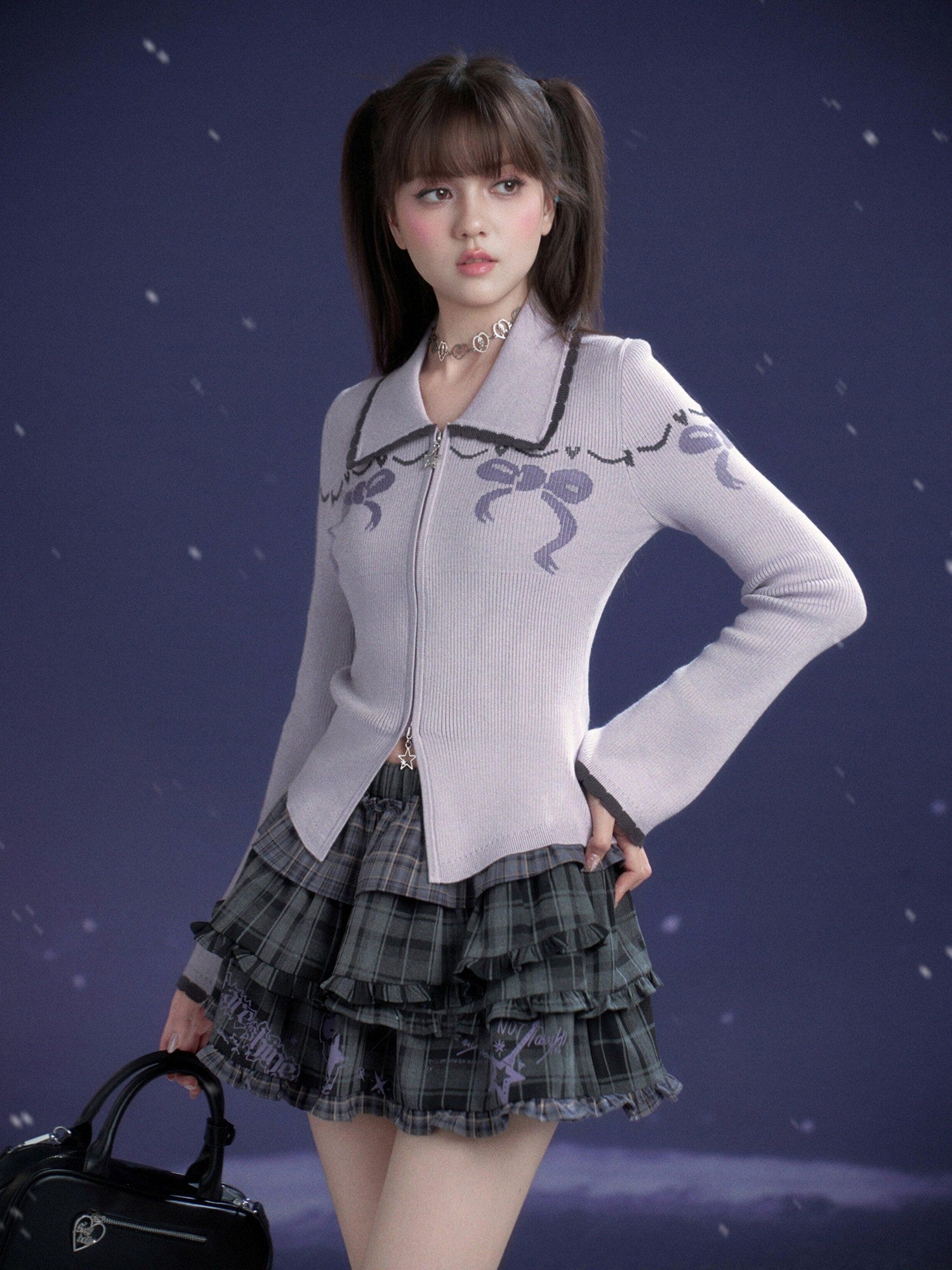 SagiDolls Light Purple Bow Jacquard Bell Sleeve Lapel Zipper Women's Viscose Cardigans