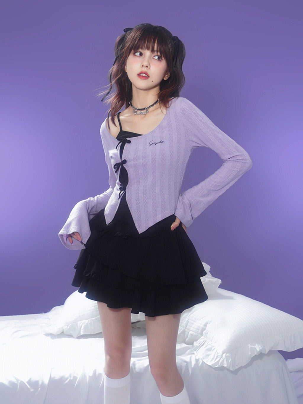 SagiDolls Lilac Embroidered Spliced Bell Sleeve Fitted Cropped Women's Long Sleeve T-shirts