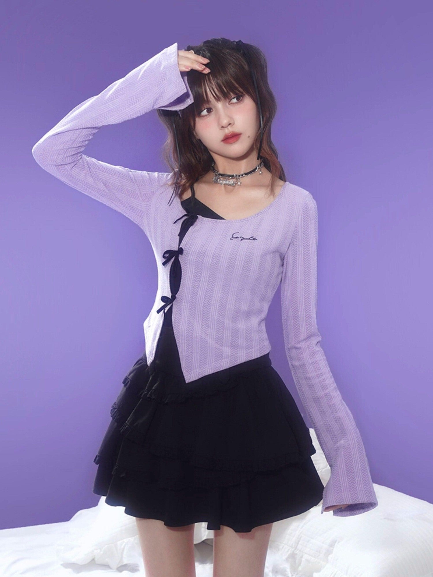 SagiDolls Lilac Embroidered Spliced Bell Sleeve Fitted Cropped Women's Long Sleeve T-shirts