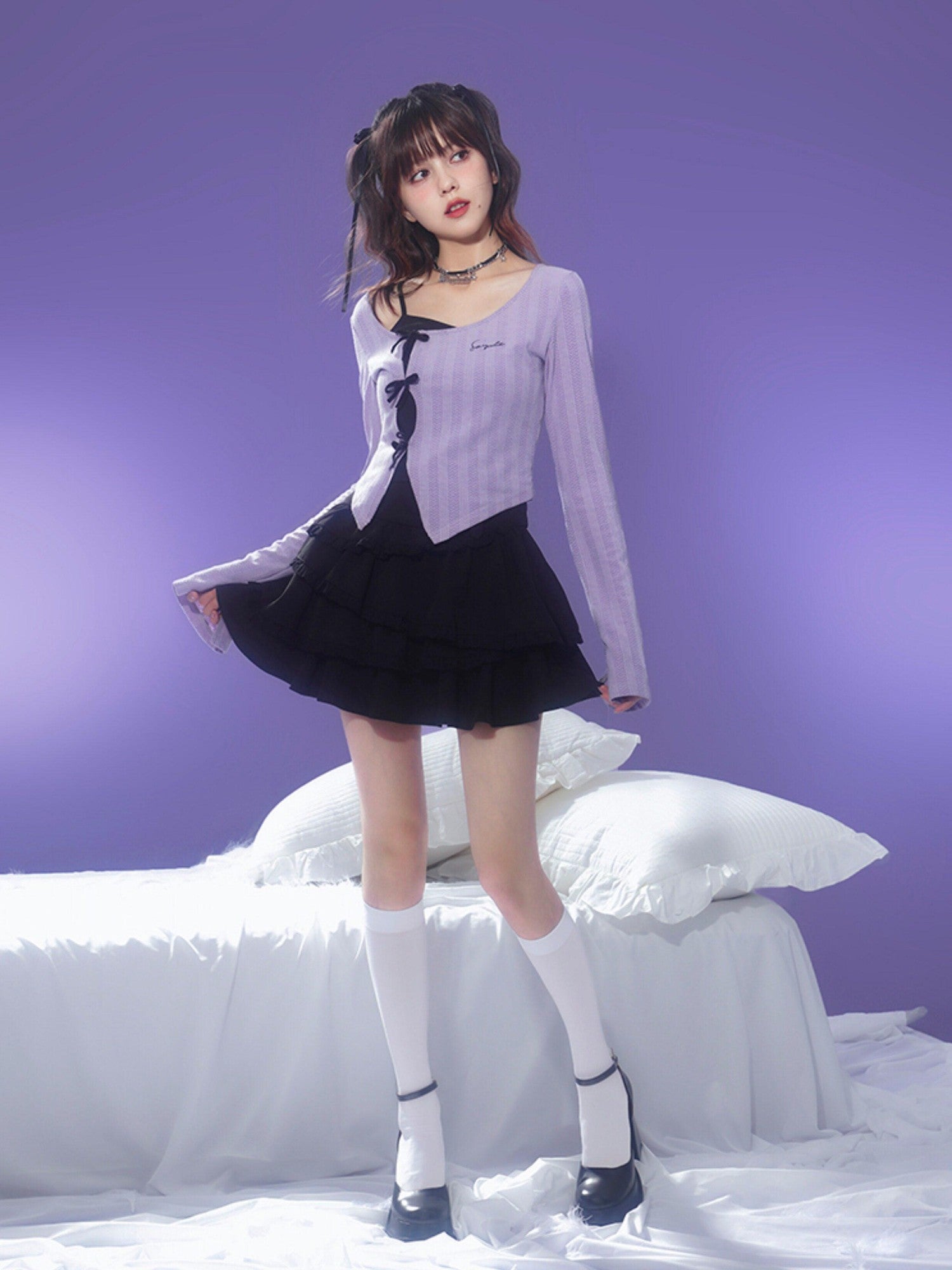 SagiDolls Lilac Embroidered Spliced Bell Sleeve Fitted Cropped Women's Long Sleeve T-shirts
