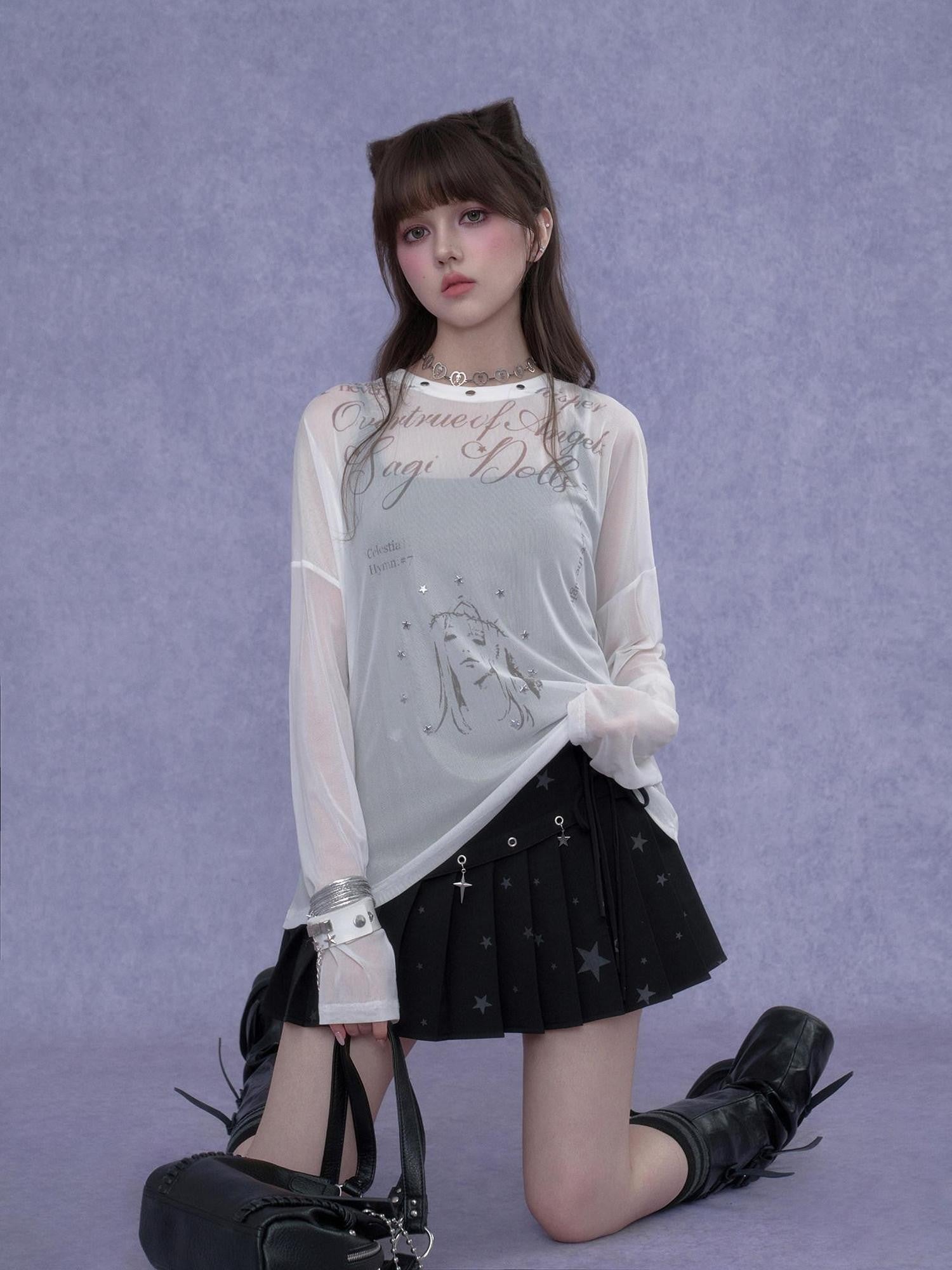 SagiDolls Mesh Letter Print Drop Shoulder Loose Women's Polyester Long Sleeve T-shirts