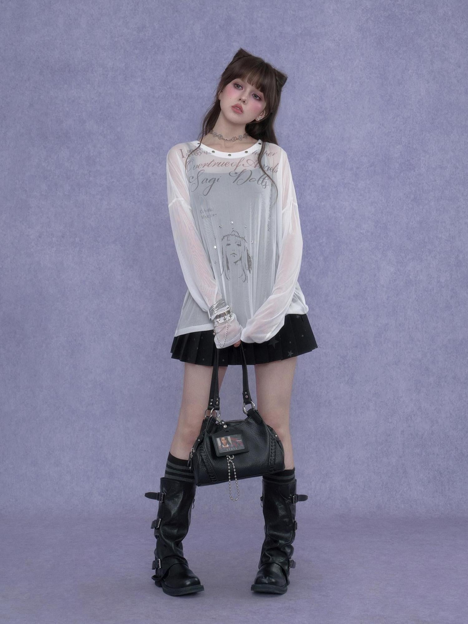 SagiDolls Mesh Letter Print Drop Shoulder Loose Women's Polyester Long Sleeve T-shirts