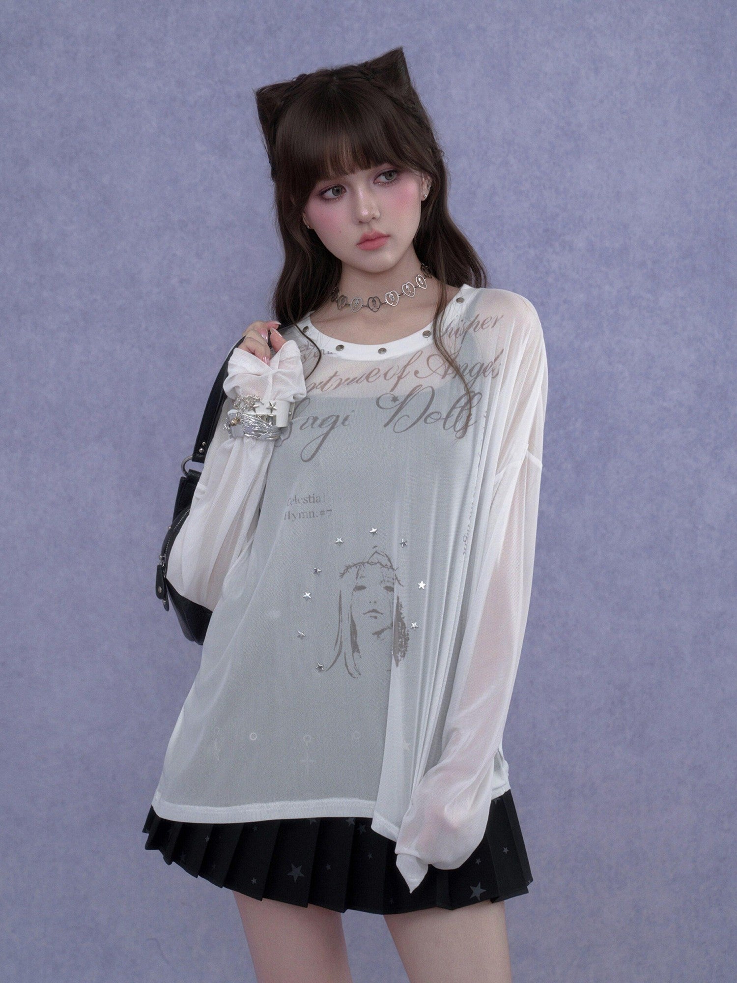 SagiDolls Mesh Letter Print Drop Shoulder Loose Women's Polyester Long Sleeve T-shirts
