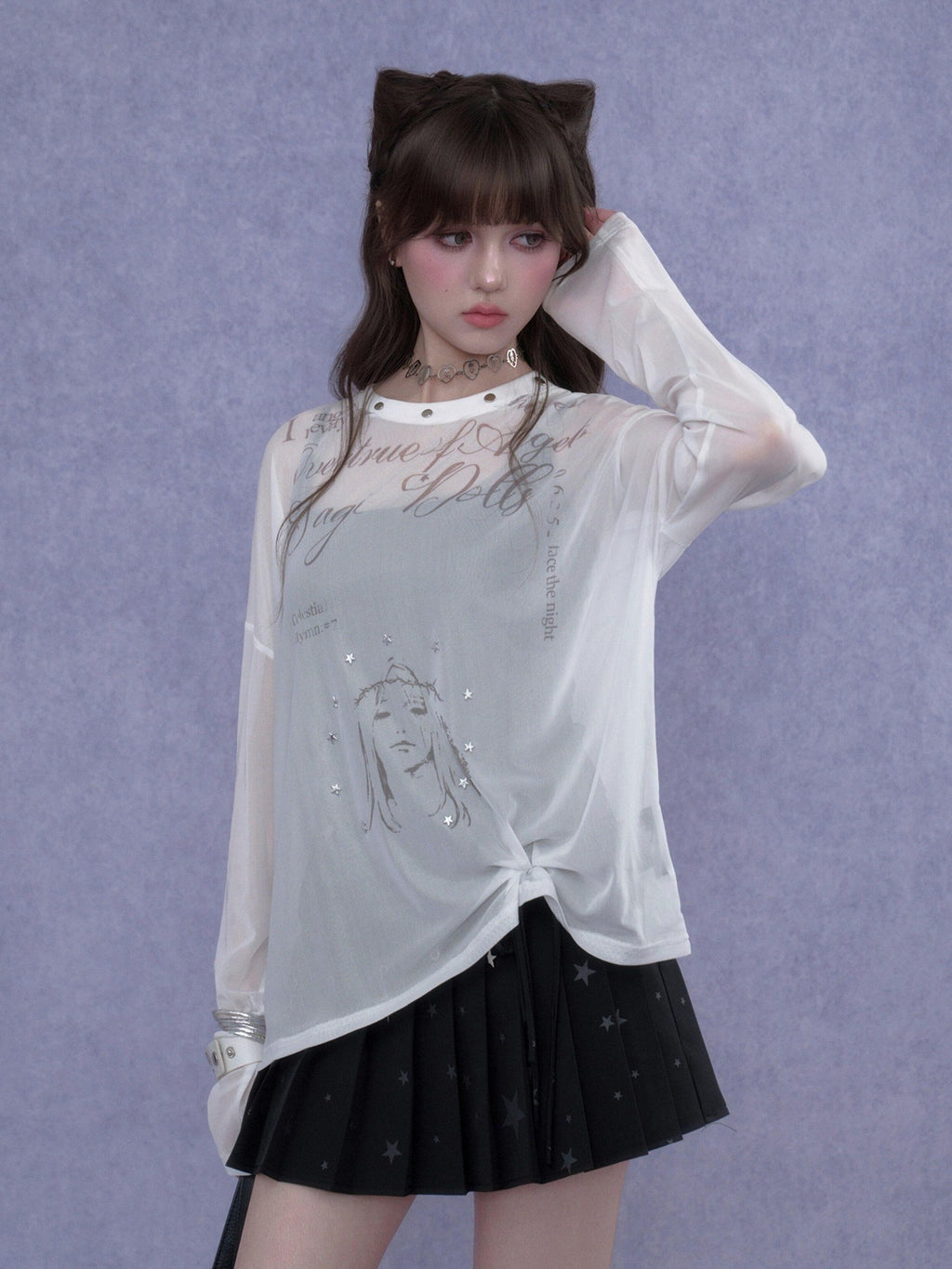 SagiDolls Mesh Letter Print Drop Shoulder Loose Women's Polyester Long Sleeve T-shirts