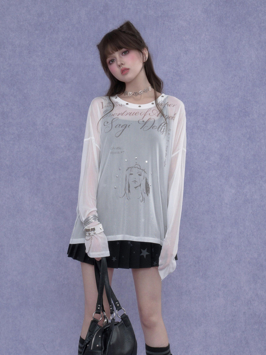 SagiDolls Mesh Letter Print Drop Shoulder Loose Women's Polyester Long Sleeve T-shirts