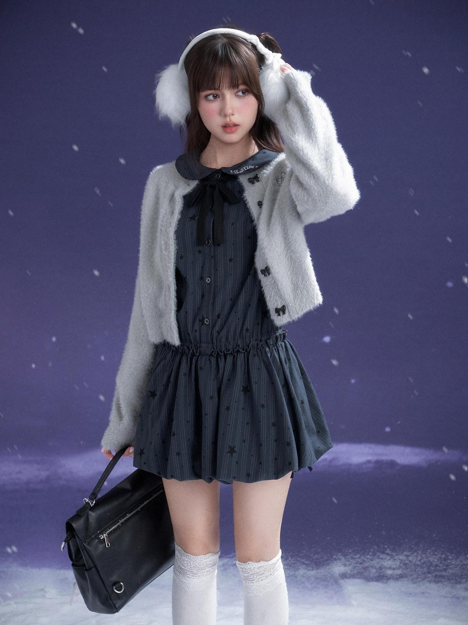 SagiDolls Midnight Blue Embroidered Puff Sleeve Peter Pan Women's Casual Mini Dresses