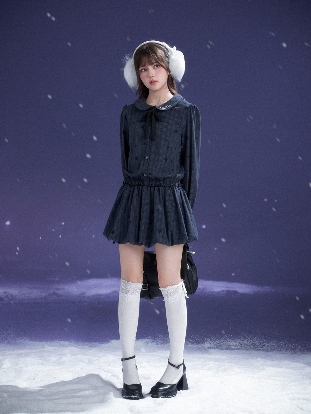 SagiDolls Midnight Blue Embroidered Puff Sleeve Peter Pan Women's Casual Mini Dresses