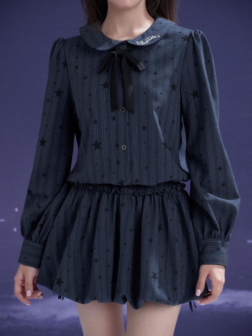 SagiDolls Midnight Blue Embroidered Puff Sleeve Peter Pan Women's Casual Mini Dresses