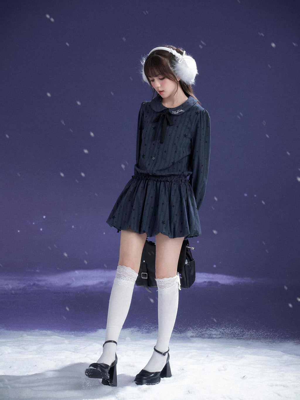 SagiDolls Midnight Blue Embroidered Puff Sleeve Peter Pan Women's Casual Mini Dresses