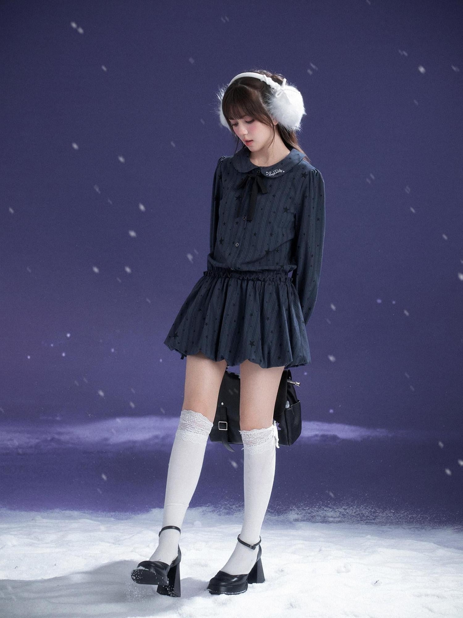 SagiDolls Midnight Blue Embroidered Puff Sleeve Peter Pan Women's Casual Mini Dresses
