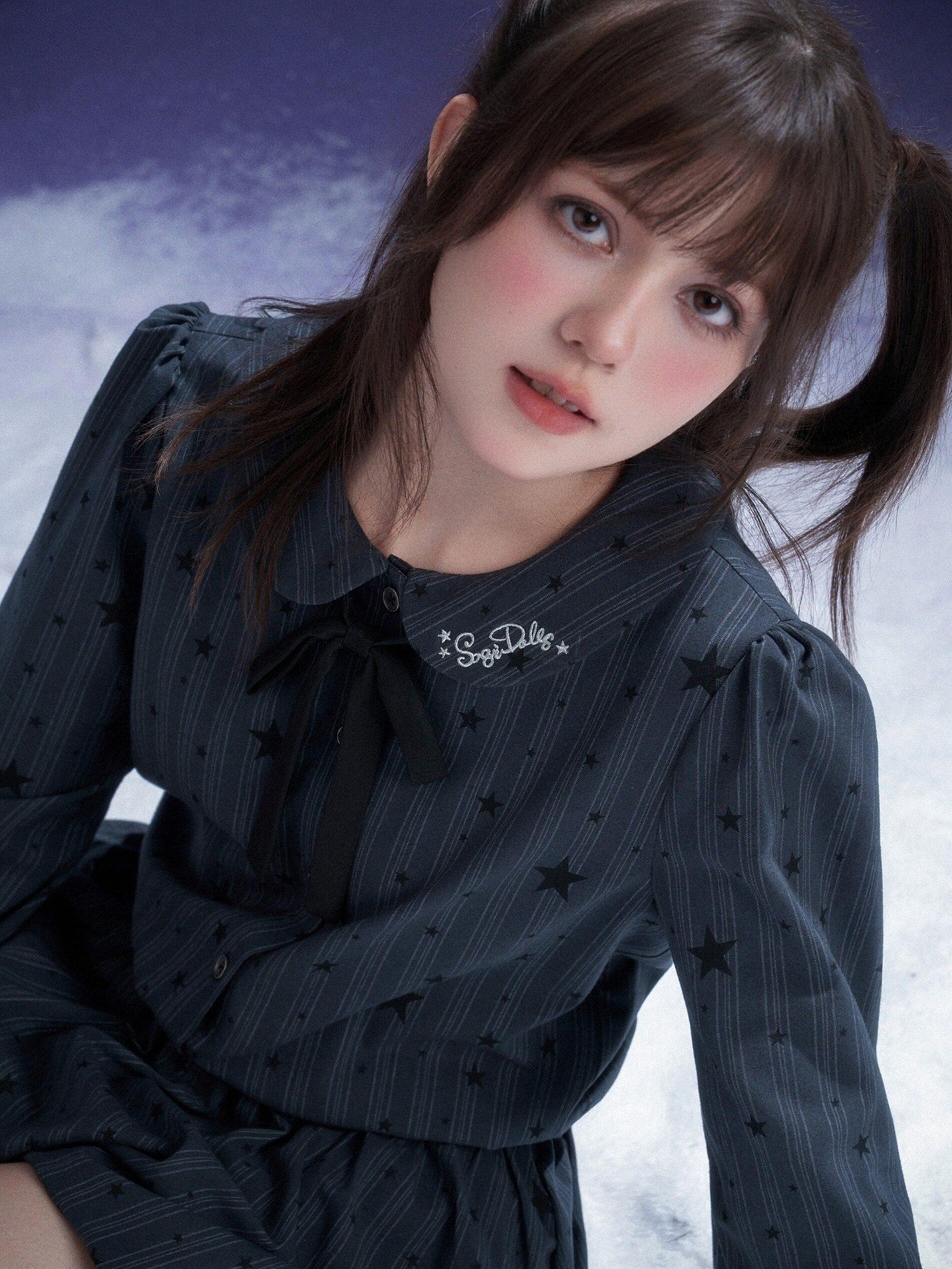 SagiDolls Midnight Blue Embroidered Puff Sleeve Peter Pan Women's Casual Mini Dresses