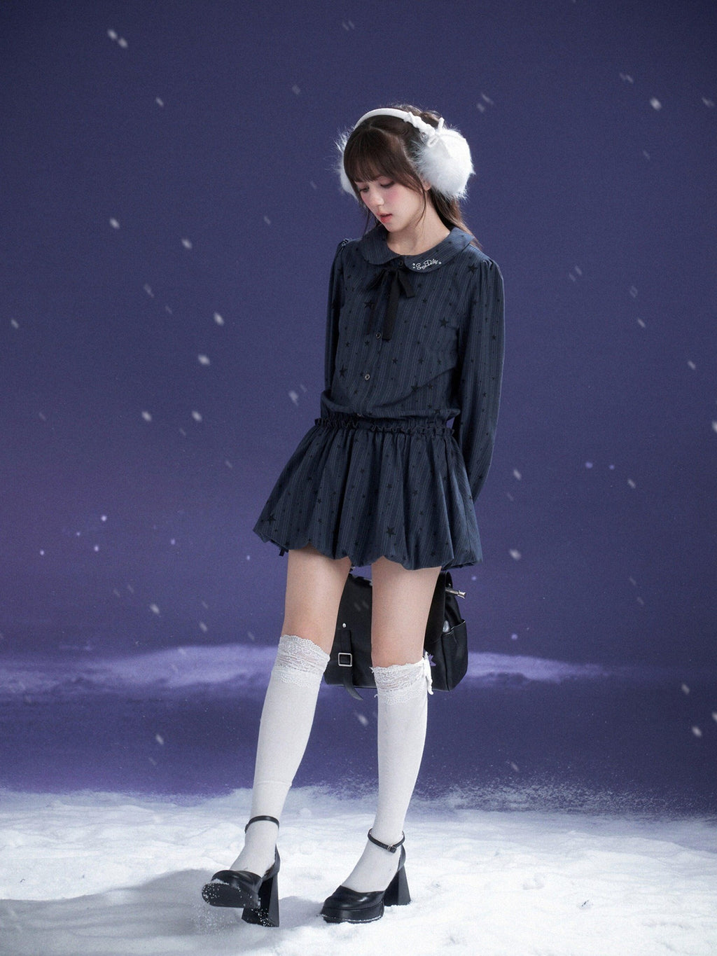 SagiDolls Midnight Blue Embroidered Puff Sleeve Peter Pan Women's Casual Mini Dresses