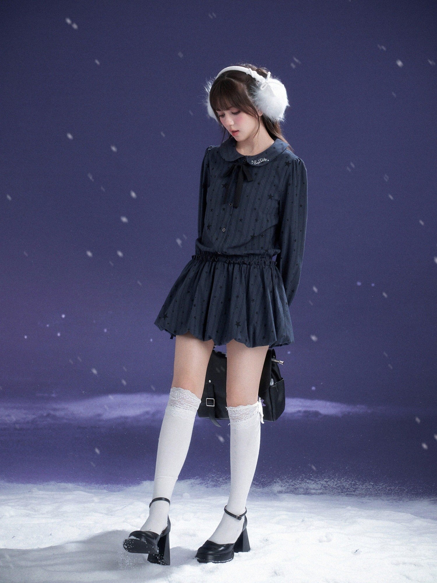 SagiDolls Midnight Blue Embroidered Puff Sleeve Peter Pan Women's Casual Mini Dresses