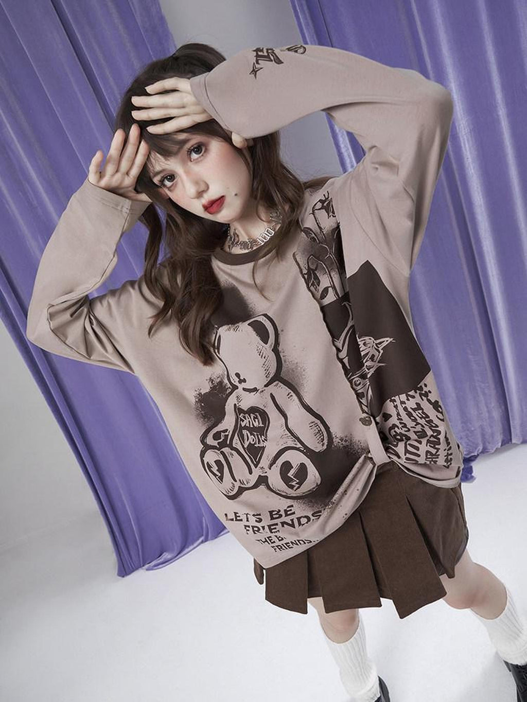SagiDolls Milk Coffee Cute Bear Print Patchwork Women's Cotton Blend Long Sleeve T-shirts