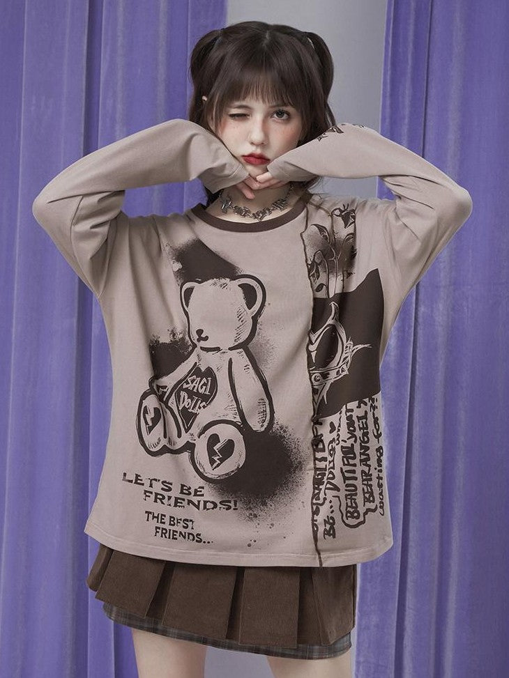 SagiDolls Milk Coffee Cute Bear Print Patchwork Women's Cotton Blend Long Sleeve T-shirts