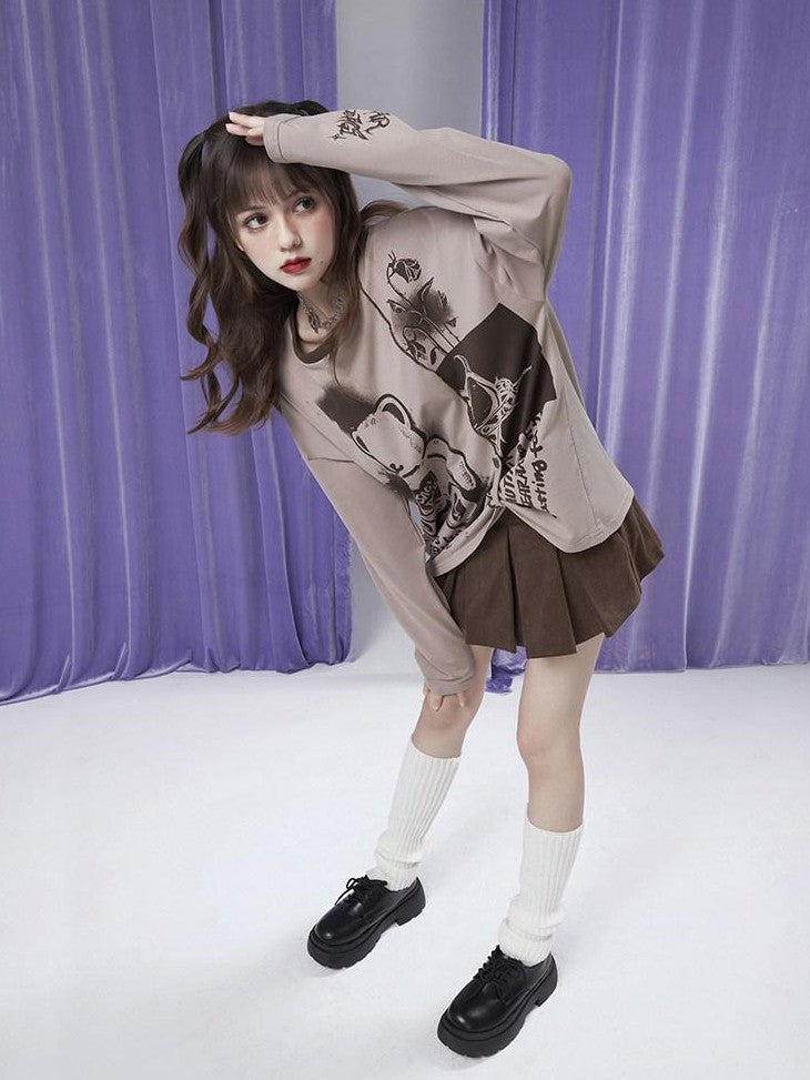 SagiDolls Milk Coffee Cute Bear Print Patchwork Women's Cotton Blend Long Sleeve T-shirts