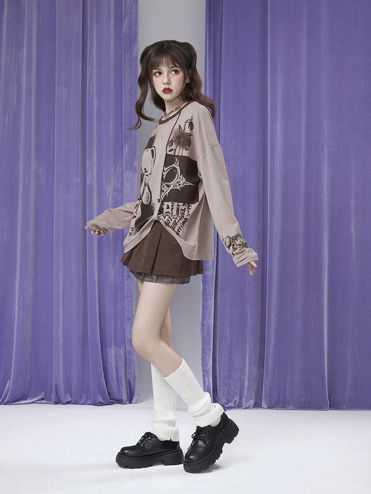 SagiDolls Milk Coffee Cute Bear Print Patchwork Women's Cotton Blend Long Sleeve T-shirts