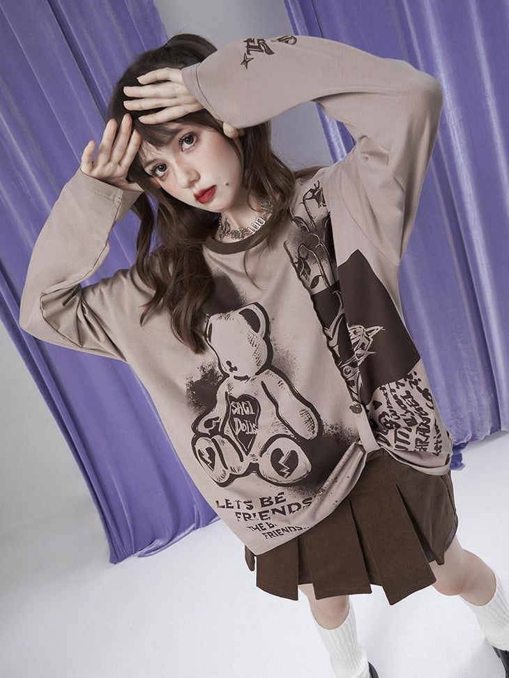 SagiDolls Milk Coffee Cute Bear Print Patchwork Women's Cotton Blend Long Sleeve T-shirts
