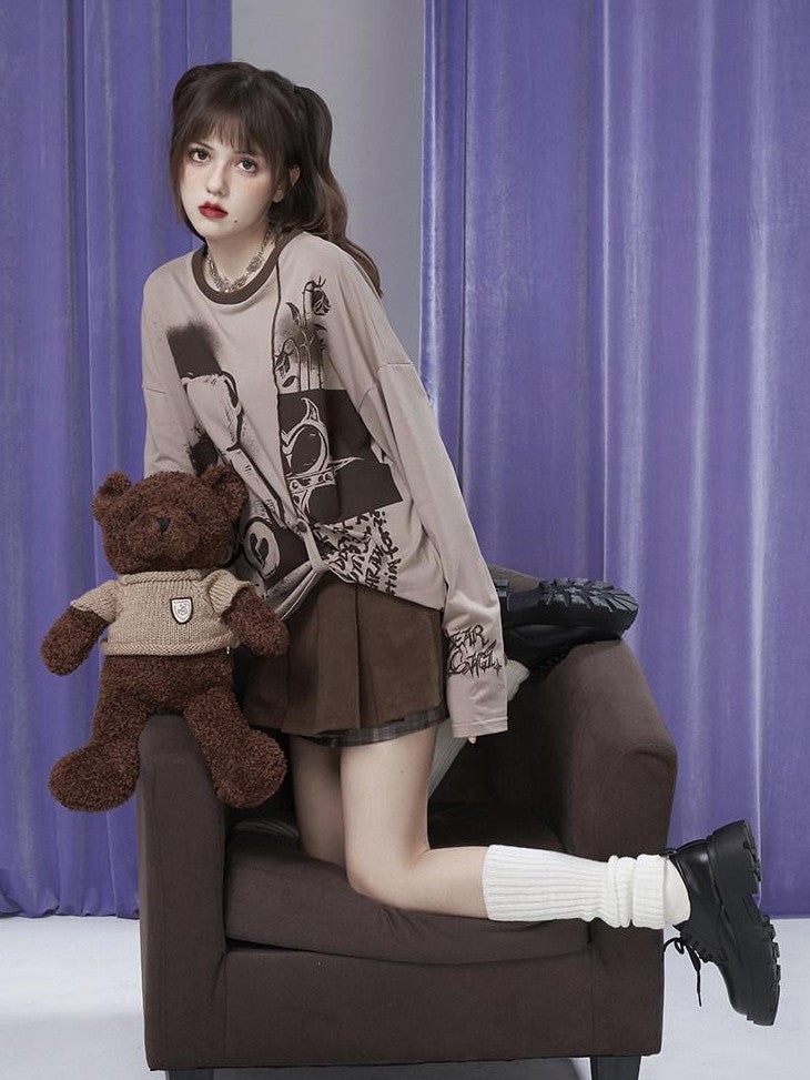 SagiDolls Milk Coffee Cute Bear Print Patchwork Women's Cotton Blend Long Sleeve T-shirts