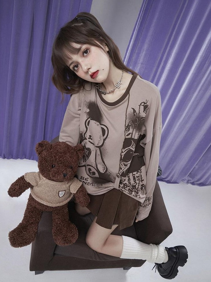 SagiDolls Milk Coffee Cute Bear Print Patchwork Women's Cotton Blend Long Sleeve T-shirts