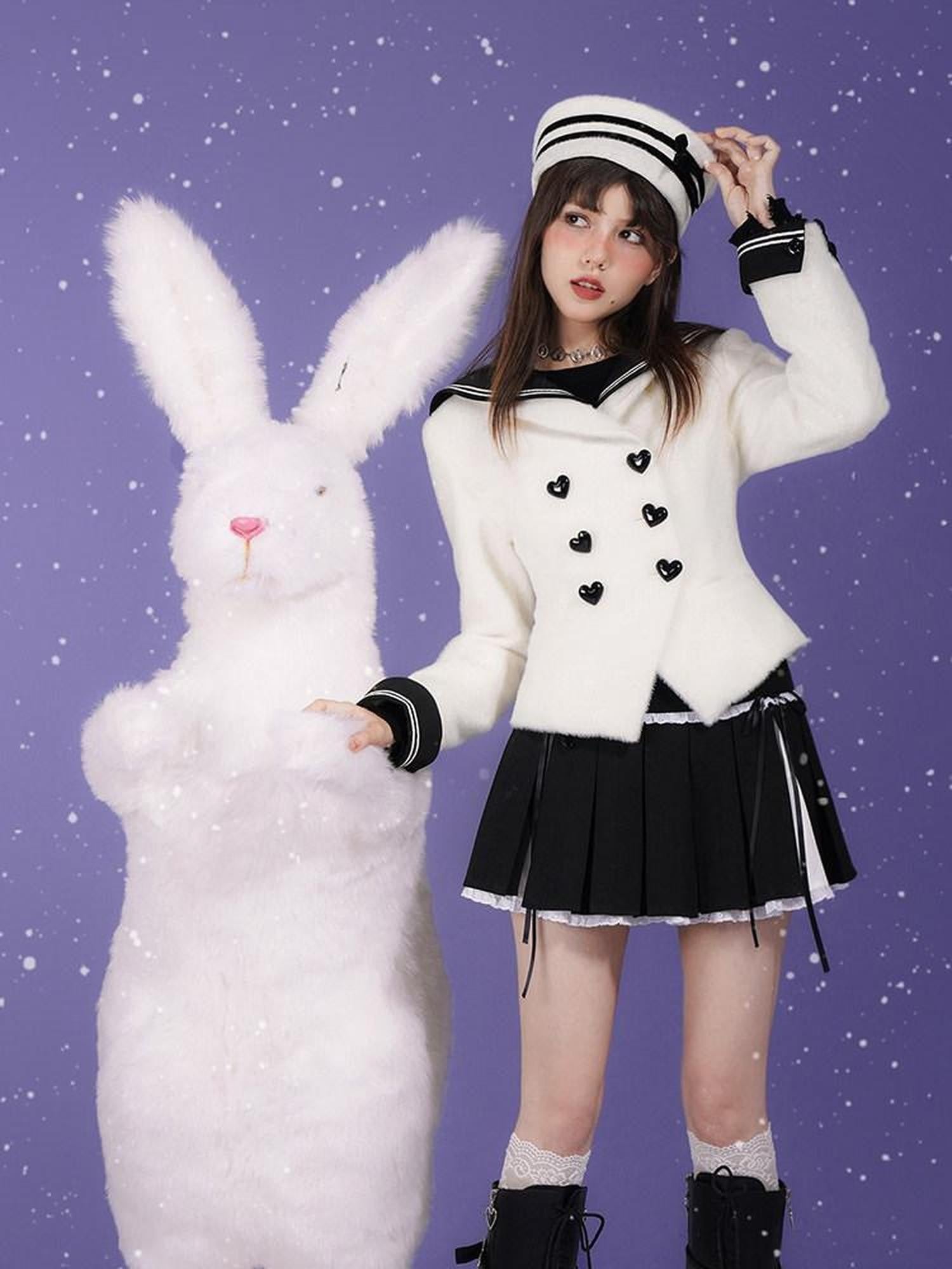 SagiDolls Milk Rabbit Trim Sailor Collar Double Breasted Women's Faux Mink Fur Cardigans