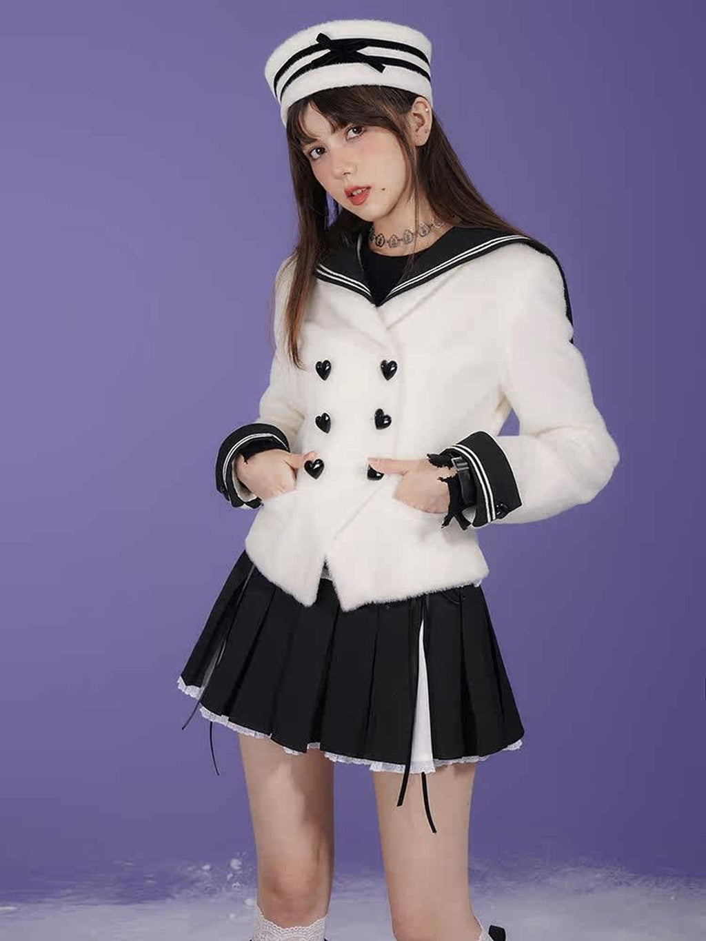 SagiDolls Milk Rabbit Trim Sailor Collar Double Breasted Women's Faux Mink Fur Cardigans