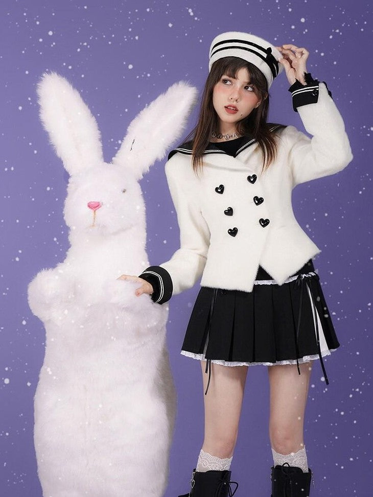 SagiDolls Milk Rabbit Trim Sailor Collar Double Breasted Women's Faux Mink Fur Cardigans