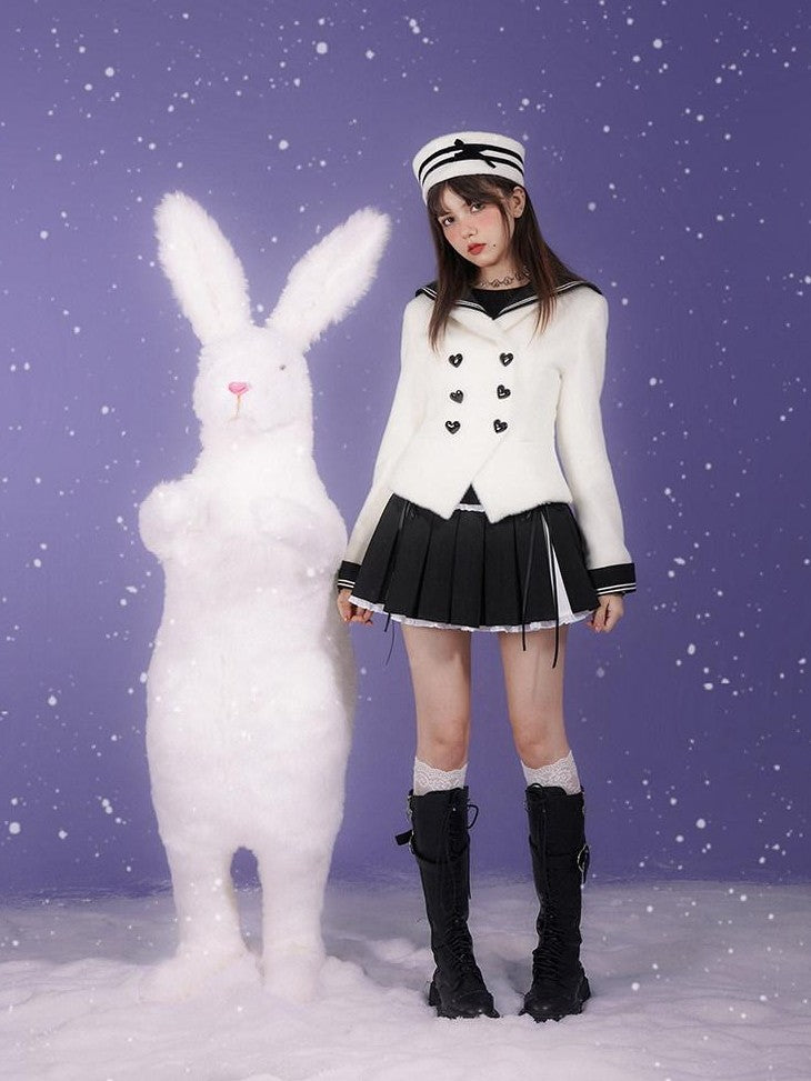 SagiDolls Milk Rabbit Trim Sailor Collar Double Breasted Women's Faux Mink Fur Cardigans